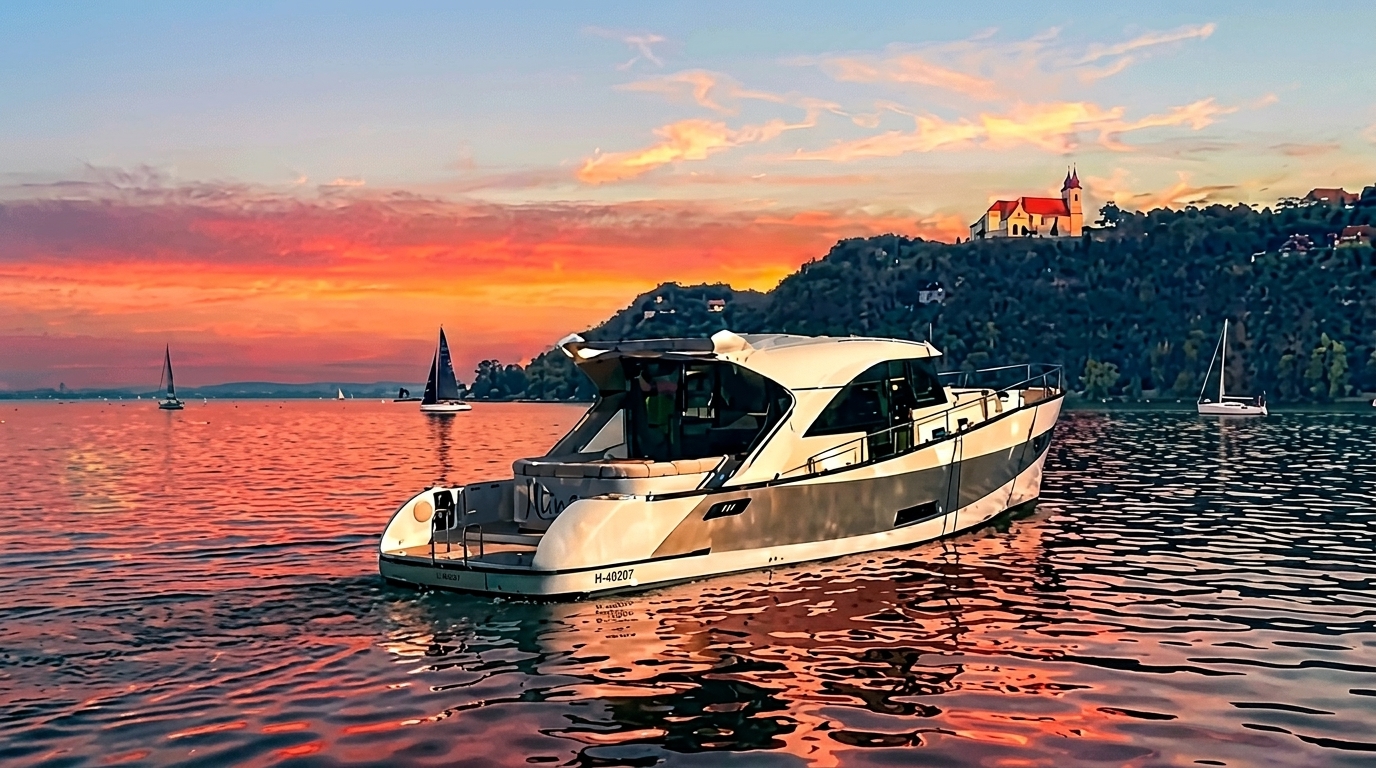 Niña elektromos yacht a Balatonon naplementében, háttérben a Tihanyi Apátság