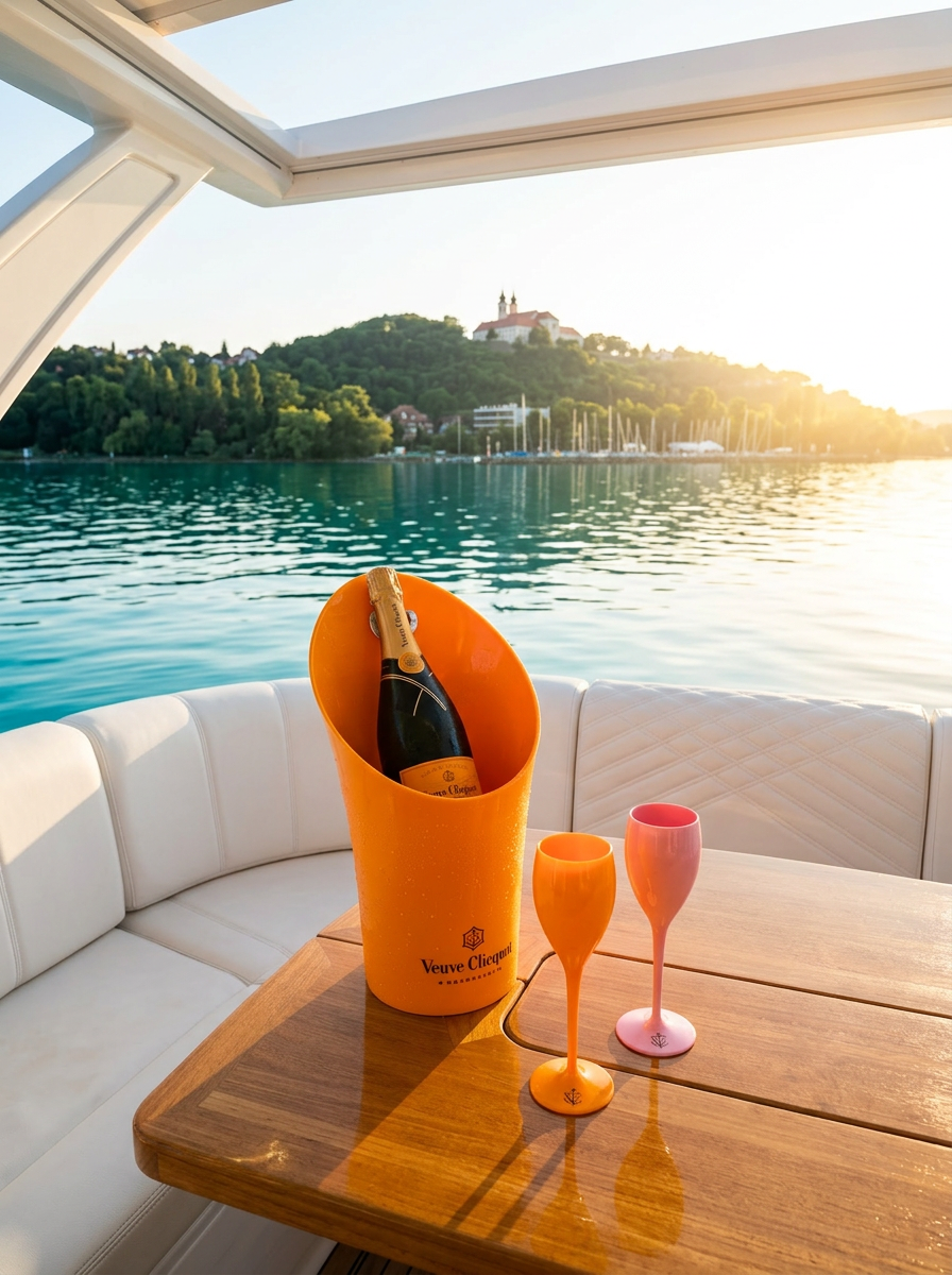 Veuve Clicquot pezsgő a fedélzeten, háttérben a Tihanyi Apátság